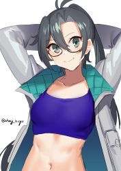 Rule 34 | 1girl, akagi kurage, amagiri (kancolle), antenna hair, arms up, blue sports bra, breasts, glasses, grey-framed eyewear, grey eyes, grey hair, grey jacket, hair between eyes, highres, jacket, kantai collection, long hair, long sleeves, looking at viewer, midriff, navel, official alternate costume, one-hour drawing challenge, simple background, small breasts, smile, solo, sports bra, twitter username, upper body, white background