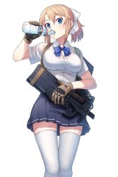 Rule 34 | 1girl, blonde girl (itou), blonde hair, blouse, blue bow, blue bowtie, blue eyes, bow, bowtie, breasts, bullpup, cartridge, collared shirt, drinking, gloves, gun, highres, itou (onsoku tassha), looking at viewer, medium breasts, original, ponytail, school uniform, shirt, short hair, simple background, skirt, solo, thighhighs, weapon, white background, white shirt, white thighhighs