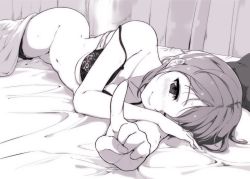 Rule 34 | 1girl, bare shoulders, bed, bed sheet, bra, breasts, closed mouth, commentary request, curtains, fingernails, greyscale, hi iro, indoors, lying, monochrome, navel, on bed, on side, one eye closed, original, panties, panty pull, pointing, pointing at viewer, short hair, smile, solo, sweat, underboob, underwear, underwear only