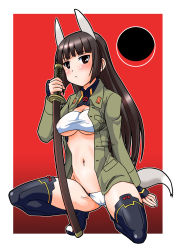Rule 34 | 1girl, anabuki tomoko, animal ears, black hair, black thighhighs, blush, breasts, brown eyes, doku donguri, hime cut, jacket, katana, long hair, md5 mismatch, medium breasts, military, military uniform, navel, open clothes, open jacket, panties, solo, strapless, strike witches, strike witches: suomus misfits squadron, sword, tail, thighhighs, tube top, underboob, underwear, uniform, weapon, world witches series