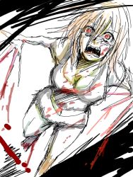 Rule 34 | 1girl, blood, claws, left 4 dead, looking at viewer, midriff, red eyes, running, sharp teeth, solo, tears, teeth, torn clothes, white hair, witch (left4dead)