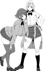 Rule 34 | 2girls, :o, alternate costume, amano don, black socks, blush, breasts, commentary request, contemporary, full body, greyscale, hand on own hip, hand on own thigh, headpiece, highres, huge breasts, kneehighs, large breasts, leaning forward, long hair, long sleeves, looking at viewer, looking to the side, miniskirt, monochrome, multiple girls, mythra (xenoblade), plaid, plaid skirt, pleated skirt, pyra (xenoblade), ribbon, school uniform, simple background, skirt, socks, swept bangs, thigh strap, thighhighs, tiara, very long hair, white background, xenoblade chronicles (series), xenoblade chronicles 2, zettai ryouiki