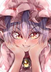 Rule 34 | 1girl, absurdres, brooch, commentary request, hair between eyes, hands on own chin, hat, hat ribbon, highres, jewelry, looking at viewer, lower teeth only, mahoro (minase mahoro), mob cap, orange eyes, pink hat, pink shirt, puffy short sleeves, puffy sleeves, purple hair, red ribbon, remilia scarlet, ribbon, shirt, short sleeves, solo, teeth, touhou, upper body, upper teeth only, yellow brooch