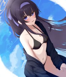 Rule 34 | absurdres, bikini, black bikini, black hair, black jacket, blue archive, blue hairband, blue sky, blush, breasts, hairband, halo, highres, jacket, long hair, looking at viewer, navel, official alternate costume, open clothes, open jacket, open mouth, outdoors, purple eyes, purple hairband, sky, small breasts, swimsuit, ui (blue archive), ui (swimsuit) (blue archive), xiye (hmrr2738), yellow halo
