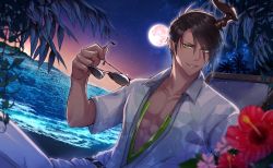 Rule 34 | 1boy, abs, aragami oga, beach, belt, black belt, black hair, blurry, chair, collarbone, commentary, cowboy shot, dark-skinned male, dark skin, depth of field, earrings, english commentary, eyes visible through hair, unworn eyewear, floral print, flower, full moon, gradient sky, green eyes, green shirt, grey shirt, hibiscus, highres, holding, holding removed eyewear, holostars, horns, jewelry, looking at viewer, lounge chair, low neckline, male focus, moon, mountainous horizon, night, ocean, official alternate costume, palm tree, pants, parted lips, pectoral cleavage, pectorals, pink flower, pointy ears, red flower, sasago335, see-through, see-through shirt, sharp teeth, shirt, shirt under shirt, short hair, single horn, sitting, sky, smile, solo, sparkle, star (sky), sunglasses, swept bangs, teeth, toned, toned male, tree, virtual youtuber, white pants