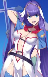 Rule 34 | 1girl, arm behind head, arm up, belt, blue background, blue capelet, blue eyes, blue thighhighs, blunt bangs, breasts, capelet, center opening, circlet, cleavage, collarbone, cross, detached sleeves, dress, fate/grand order, fate (series), gradient background, highres, large breasts, long hair, looking at viewer, martha (fate), navel, open mouth, pelvic curtain, pretty-purin720, purple hair, smile, solo, staff, straight hair, thighhighs, veil, white dress, wide sleeves