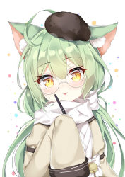 Rule 34 | 1girl, :p, absurdres, ahoge, akashi (azur lane), akashi (welcome to azurcon!) (azur lane), alternate costume, animal ear fluff, animal ears, arlene (ju), azur lane, bell, beret, bespectacled, black hat, blush, brown eyes, brown jacket, cat ears, closed mouth, commentary request, glasses, green hair, hair between eyes, hand up, hat, heart, highres, jacket, jingle bell, juliet sleeves, long hair, long sleeves, looking at viewer, mini hat, puffy sleeves, round eyewear, scarf, sleeves past fingers, sleeves past wrists, smile, solo, tongue, tongue out, upper body, very long hair, white background, white scarf