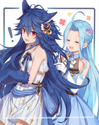 Rule 34 | !, 2girls, absurdres, ahoge, animal ears, animal hands, antenna hair, bare shoulders, blue dress, blue hair, blue ribbon, border, braid, brooch, choker, closed eyes, collar, collarbone, commentary request, crescent, crescent hair ornament, dress, elbow gloves, fenrir (shingeki no bahamut), flower, gloves, granblue fantasy, hair flower, hair ornament, highres, jewelry, jiman, long hair, lyria (granblue fantasy), multiple girls, neck ribbon, open mouth, parted bangs, playing with another&#039;s hair, red eyes, ribbon, see-through, sidelocks, sleeveless, sleeveless dress, smile, sweatdrop, teeth, white background, white dress, white gloves