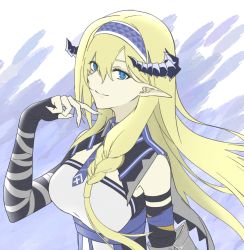 Rule 34 | 1girl, arknights, black gloves, blonde hair, blue eyes, blue hairband, braid, breasts, commentary request, elbow gloves, fingerless gloves, gloves, hair between eyes, hairband, hand up, highres, horns, kyoro (kyoroillust), large breasts, long hair, looking at viewer, partial commentary, pointy ears, saileach (arknights), shirt, smile, solo, upper body, white shirt