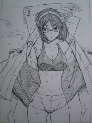 Rule 34 | 10s, 1girl, arms up, breasts, glasses, greyscale, headgear, highres, kantai collection, kirishima (kancolle), kojima takeshi, midriff, monochrome, nontraditional miko, open mouth, short hair, short shorts, shorts, solo, sports bra, sweat, swimsuit, traditional media, undressing, water