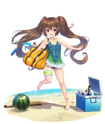 Rule 34 | 1boy, androgynous, bag, bare legs, bare shoulders, barefoot, beach, brown hair, bulge, covered navel, food, fruit, full body, green one-piece swimsuit, highres, holding, holding bag, jumping, lilith-soft, long hair, long twintails, looking at viewer, obui, ocean, one-piece swimsuit, open mouth, petite, pink eyes, sand, shiny skin, skirt, swimsuit, taimanin (series), taimanin asagi, taimanin rpgx, toes, trap, twintails, uehara shikanosuke, very long hair, water, watermelon