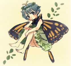 Rule 34 | 1girl, antennae, aqua hair, ass, barefoot, blush, brown eyes, butterfly wings, dress, eternity larva, fairy, full body, green dress, insect wings, leaf, leaf on head, lowres, multicolored clothes, multicolored dress, parted lips, short hair, short sleeves, solo, touhou, wings, yujup
