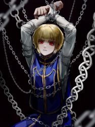 Rule 34 | 1boy, androgynous, arms up, blonde hair, chain, chained, earrings, expressionless, feet out of frame, highres, hunter x hunter, jewelry, kurapika, long sleeves, looking at viewer, male focus, red eyes, shirt, short hair, simple background, solo, suhoyongjungtea, tabard, white shirt