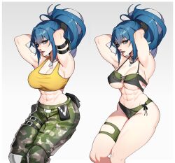 Rule 34 | abs, armband, arms up, bikini, blue eyes, blue hair, camouflage, camouflage pants, dog tags, gloves, green bikini, hands in hair, highres, leona heidern, muscular, muscular female, pants, ponytail, skindentation, swimsuit, the king of fighters, toned, whysoblau