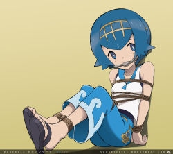 Rule 34 | 10s, 1girl, arms behind back, baggy pants, bare shoulders, bdsm, blue eyes, blue hair, blunt bangs, bondage, bound, breasts, collarbone, creatures (company), feet, full body, gagged, game freak, highres, lana (pokemon), looking to the side, nail polish, nintendo, npc trainer, pants, pokemon, pokemon (anime), pokemon sm, pokemon sm (anime), restrained, rope, sandals, shirt, short hair, simple background, sitting, sleeveless, sleeveless shirt, slippers, small breasts, solo, swimsuit, swimsuit under clothes, toenail polish, toenails, toes, trial captain, watermark, web address, white shirt
