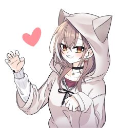 Rule 34 | 1girl, ahoge, animal hood, berry, black choker, brown eyes, brown hair, brown hoodie, choker, crossed bangs, earrings, ears through headwear, fingernails, food-themed earrings, grin, heart, highres, hololive, hololive english, hood, hood up, hoodie, jewelry, long hair, looking at viewer, multicolored hair, nanashi mumei, nanashi mumei (casual), necklace, official alternate costume, oversized clothes, paw pose, red shirt, saeyann, shirt, sleeves past wrists, smile, streaked hair, sweater, virtual youtuber, white sweater, wide sleeves