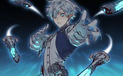 Rule 34 | 1boy, alphinaud leveilleur, aqua eyes, blue ribbon, blue vest, earrings, elezen, elf, fighting stance, final fantasy, final fantasy xiv, floating, floating object, floating weapon, gloves, grey hair, hair between eyes, hair ribbon, hair tie, hao xiang yishui bu xing, highres, jewelry, looking at viewer, male focus, parted lips, pendant, pointy ears, ribbon, sage (final fantasy), shirt, short hair with long locks, solo, upper body, vest, white gloves, white shirt