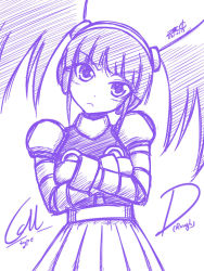 Rule 34 | 1girl, :&lt;, blush, call (mighty no. 9), call d, crossed arms, dated, head tilt, headphones, joints, long hair, mighty no. 9, monochrome, purple theme, robot, robot joints, signature, sketch, skirt, solo, twintails, zilhouette