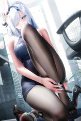 Rule 34 | 1girl, anklet, belt, blue eyes, blush, breasts, chair, fantongjun, genshin impact, gradient eyes, hair ornament, hair over one eye, high heels, highres, id card, jewelry, large breasts, long hair, looking at viewer, multicolored eyes, nail polish, office chair, office lady, pantyhose, patent heels, pencil skirt, pumps, red soles, shenhe (genshin impact), shirt, shoes, skirt, sleeveless, sleeveless shirt, solo, stiletto heels, swivel chair, very long hair, white hair