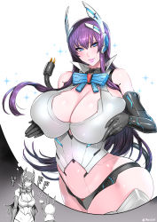 Rule 34 | 1girl, bare shoulders, black gloves, blue eyes, breasts, cable, cable tail, cleavage, curvy, elbow gloves, electric plug, fei (maidoll), gloves, hammer, headgear, highres, huge breasts, long hair, looking at viewer, mechanical tail, parted lips, phantasy star, phantasy star online 2, purple hair, smile, tail, thought bubble, wide hips