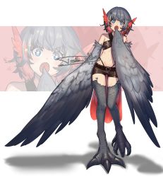 Rule 34 | + +, 1girl, alwaysdoodlin, animal ears, artist name, bare shoulders, bird ears, bird legs, bird tail, blue eyes, blush, brown shorts, commentary, commission, cut-in, digitigrade, english commentary, feather hair, feathered wings, feathers, grey feathers, grey hair, hand to own mouth, harpy, highres, midriff, monster girl, multicolored hair, navel, open mouth, original, red feathers, red hair, shadow, short hair, short shorts, shorts, solo, sparkling eyes, tail, talons, two-tone hair, white background, winged arms, wings