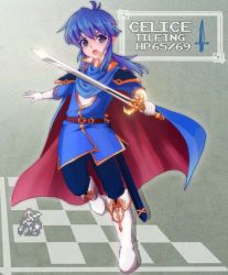 Rule 34 | 1boy, armor, blue eyes, blue hair, boots, cape, character name, checkered floor, fire emblem, fire emblem: genealogy of the holy war, floor, gloves, long hair, male focus, matching hair/eyes, moshimura, nintendo, open mouth, seliph (fire emblem), sidelocks, solo, sword, weapon