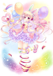 Rule 34 | 1girl, :3, animal ears, apple, apple rabbit, balloon, blonde hair, dress, food, food art, fruit, full body, hair ornament, hairband, hairpin, happy, headphones, heart, highres, long hair, mizuse ruka, original, rabbit ears, red eyes, solo, striped clothes, striped thighhighs, tail, thighhighs, twintails, weapon