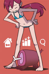 Rule 34 | 1girl, barefoot, bikini, boned meat, child, creature, earrings, closed eyes, female focus, flat chest, food, full body, grin, hands on own hips, highres, hotelblue, jewelry, leaning forward, meat, motion lines, navel, original, plurk (website), ponytail, r.h., red background, red hair, simple background, smile, standing, swimsuit