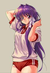 Rule 34 | 1990s (style), 1girl, absurdres, adjusting hair, arms up, blush, buruma, clannad, commentary, cowboy shot, eyelashes, eyes visible through hair, frilled ribbon, frills, fujibayashi kyou, grey background, gym uniform, hair between eyes, hair intakes, hair over shoulder, hair ribbon, highres, long hair, longmei er de tuzi, looking at viewer, nose, parted lips, purple eyes, purple hair, red buruma, retro artstyle, ribbon, shirt, short sleeves, sidelocks, simple background, smile, solo, standing, straight hair, very long hair, white ribbon, white shirt, zipper