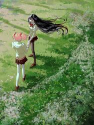 Rule 34 | 2girls, absurdres, akemi homura, baby&#039;s-breath, back bow, black eyes, black hair, black pantyhose, black skirt, bow, brown footwear, day, facing away, field, floating hair, flower, from behind, grass, green flower, hair ribbon, half-closed eyes, high collar, highres, holding hands, homulilly, hoseek, jitome, juliet sleeves, kaname madoka, loafers, long hair, long sleeves, looking at another, mahou shoujo madoka magica, mahou shoujo madoka magica (anime), mitakihara school uniform, multiple girls, nature, neck ribbon, orange flower, outdoors, pantyhose, pink flower, pink hair, pink ribbon, pleated skirt, puffy sleeves, red flower, ribbon, school uniform, shadow, shoes, short twintails, sidelighting, skirt, standing, straight hair, sunlight, thighhighs, twintails, very long hair, white flower, white thighhighs, wide shot, zettai ryouiki