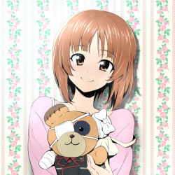 Rule 34 | 10s, 1girl, bandages, boko (girls und panzer), brown eyes, brown hair, cast, casual, closed mouth, eyepatch, floral background, girls und panzer, holding, holding stuffed toy, kuromorimine military uniform, long sleeves, looking at viewer, nakahira guy, nishizumi miho, pink shirt, portrait, shirt, short hair, smile, solo, stuffed animal, stuffed toy, teddy bear, wallpaper (object)