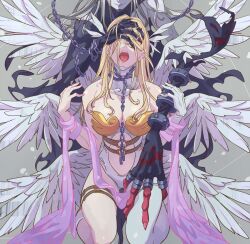Rule 34 | 2girls, angel and devil, angel wings, angewomon, armor, bare shoulders, black bodysuit, blonde hair, bodysuit, breastplate, breasts, chain, chain between breasts, clothing cutout, colored skin, covering another&#039;s eyes, digimon, digimon (creature), feathered wings, futa yuri ryona, gloves, grey background, grey hair, grey skin, head out of frame, head wings, hip vent, ladydevimon, large breasts, long arms, long fingers, multiple girls, multiple wings, no headwear, o-ring, open mouth, pink lips, pink ribbon, purple lips, revision, ribbon, simple background, single glove, smirk, stomach cutout, tongue, torn bodysuit, torn clothes, white gloves, wings, yuri