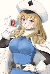 Rule 34 | 1girl, alcohol, andreanof pepesha, blonde hair, blue dress, blue eyes, blush, bottle, breasts, dress, fur collar, gloves, hair between eyes, hand on own hip, hand up, highres, holding, holding bottle, large breasts, long hair, long sleeves, looking at viewer, osage gankyou, shy (series), smile, solo, vodka, white gloves, white headwear