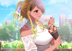 Rule 34 | 1girl, blush, breasts, brown hair, clothing cutout, commission, crepe, dark-skinned female, dark skin, food, from side, grey hair, hamcheeseand, highres, holding, holding food, holding spoon, idolmaster, idolmaster shiny colors, izumi mei, large breasts, light brown hair, outdoors, profile, see-through, see-through sleeves, shirt, short ponytail, shoulder cutout, skeb commission, solo, spoon, upper body, white shirt