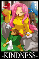 Rule 34 | 1girl, animal, beaver, bird, birds, blush, boots, rabbit, duck, earrings, closed eyes, flat chest, fluttershy, happy, hedgehog, highres, jewelry, laughing, long sleeves, my little pony, my little pony: friendship is magic, open mouth, personification, pink hair, shonuff44, sleeves past wrists, smile, sweater, tongue, turtleneck, wolf