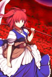 Rule 34 | &gt;:), 1girl, blue dress, breasts, dress, field, flower, flower field, hair bobbles, hair ornament, holding, holding weapon, japanese clothes, kaiza (rider000), looking at viewer, medium breasts, obi, onozuka komachi, over shoulder, puffy short sleeves, puffy sleeves, red eyes, red hair, sash, scythe, short sleeves, smile, solo, spider lily, touhou, two side up, v-shaped eyebrows, weapon, weapon over shoulder