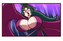 Rule 34 | 1girl, angry, breasts, cartoonized, chichi (manyuu hikenchou), green hair, highres, huge breasts, japanese clothes, joseph brito, looking at viewer, manyuu hikenchou, red lips, toon (style)