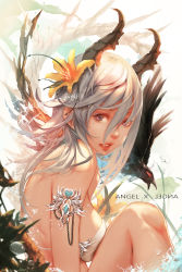 Rule 34 | 1girl, armband, bare shoulders, bird, breast press, breasts, feathers, flower, hair flower, hair ornament, highres, horns, hu dako, large breasts, lips, long hair, looking at viewer, mole, mole under eye, original, parted lips, plant, purple eyes, sitting, solo, white hair