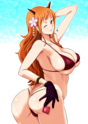 Rule 34 | 1girl, ass, bikini, breasts, butt crack, cameltoe, cleft of venus, condom, gloves, large breasts, minpei ichigo, nami (one piece), one eye closed, one piece, orange hair, partially visible vulva, smile, solo, swimsuit, wink