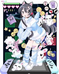 Rule 34 | + +, 1girl, animal ear headphones, animal ears, animal hands, bandaid, bandaid on knee, bandaid on leg, black hair, blush, bullet, cat ear headphones, cat ears, cat paws, cellphone, chibi, chibi inset, controller, crying emoji, cyber fashion, emoji, fake animal ears, game console, game controller, gummy candy, gun, hair between eyes, hair ornament, hairclip, headphones, heads-up display, health bar, highres, holding, holding gun, holding weapon, horizontal-striped clothes, jiaojiao, joy emoji, knife, leg warmers, medicine, medicine bottle, nintendo switch, paw print, phone, pill, pill bottle, playstation symbols, red scarf, sad emoji, scarf, shimako (yume 2kki), smartphone, striped clothes, stuffed animal, stuffed rabbit, stuffed toy, surprised, through medium, through screen, urotsuki, user interface, weapon, yami kawaii, yume 2kki, yume kawaii