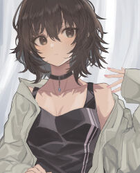 Rule 34 | 1girl, bare shoulders, black camisole, black hair, brown eyes, camisole, closed mouth, curtains, grey jacket, hair between eyes, highres, hinomaru (futagun), jacket, long sleeves, nail polish, off shoulder, open clothes, open jacket, original, pink nails, sleeves past wrists, solo, upper body
