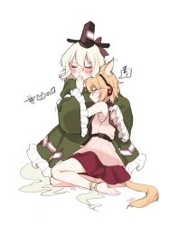 Rule 34 | 2girls, absurdres, animal ears, anklet, bare shoulders, barefoot, blonde hair, blush, cat day, cat ears, cat tail, dress, earmuffs, closed eyes, green dress, green hair, hair between eyes, hand to own mouth, hat, highres, hug, jewelry, kemonomimi mode, long sleeves, multiple girls, purple skirt, sarashi, shan, shirt, simple background, sitting, skirt, sleeveless, sleeveless shirt, soga no tojiko, tail, tate eboshi, thighs, touhou, toyosatomimi no miko, v-shaped eyebrows, white background, wide sleeves, yuri, zzz