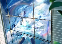 Rule 34 | 1girl, arms on table, black socks, blue hair, blue skirt, blurry, blurry foreground, blush, book, bou shaku, closed eyes, closed mouth, commentary, curtains, feet out of frame, from outside, head rest, highres, kneehighs, leaf, long hair, open book, pencil, phone, pleated skirt, reflection, school uniform, shirt, short sleeves, sitting, skirt, smile, socks, solo, table, vocaloid, vocanese, white shirt, window, xingchen