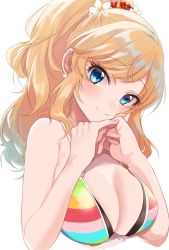 Rule 34 | 10s, 1girl, bad id, bad twitter id, bare shoulders, bikini, bikini top only, blonde hair, blue eyes, breasts, cleavage, commentary request, eyelashes, flower, hair flower, hair ornament, head tilt, highres, idolmaster, idolmaster cinderella girls, interlocked fingers, large breasts, long hair, looking at viewer, misumi (macaroni), o-ring, o-ring top, ohtsuki yui, own hands clasped, own hands together, ponytail, scrunchie, sidelocks, simple background, smile, solo, striped bikini, striped bikini top, striped clothes, swimsuit, wavy hair, white background