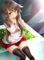 Rule 34 | 10s, 1girl, alternate costume, alternate hairstyle, ayuteisyoku, black hair, black thighhighs, blush, breasts, brown eyes, collar, cup, day, drinking glass, drinking straw, flower, food, hair ornament, hairclip, hand on own cheek, hand on own face, haruna (kancolle), ice cream, jewelry, kantai collection, long hair, long sleeves, looking at viewer, outdoors, plant, red skirt, ring, sitting, skirt, smile, solo, sunlight, sweater, thighhighs, twintails, twintails day, zettai ryouiki
