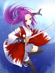 Rule 34 | :o, black thighhighs, blue background, bridal gauntlets, detached sleeves, glint, gradient background, grey skirt, japanese clothes, katana, looking at viewer, meira (touhou), miao miao, over-kneehighs, pleated skirt, ponytail, purple eyes, purple hair, sandals, short hair, skirt, solo, sword, thighhighs, touhou, touhou (pc-98), weapon