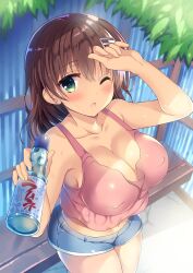 Rule 34 | 1girl, ;o, arm up, bench, blush, bottle, breasts, cleavage, collarbone, commentary request, covered nipples, cowboy shot, dark-skinned female, dark skin, day, denim, denim shorts, fingernails, foreshortening, from above, hair ornament, hairclip, hand on forehead, highres, holding, holding bottle, hot, large breasts, legs together, long hair, looking at viewer, navel, no bra, one eye closed, open mouth, original, outdoors, ramune, sanshoku amido, shading eyes, shiny clothes, shiny skin, short shorts, shorts, sleeveless, solo, standing, stomach, summer, sunlight, sweat, tan, tank top, tareme