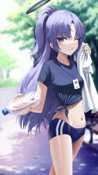 Rule 34 | 1girl, ;d, absurdres, black shirt, black shorts, blue archive, blue eyes, blue hair, blurry, blurry background, bottle, gym uniform, highres, holding, holding bottle, leavv, long hair, looking at viewer, navel, one eye closed, open mouth, outdoors, plastic bottle, ponytail, shirt, shorts, smile, solo, standing, sweat, tree, water bottle, yuuka (blue archive), yuuka (track) (blue archive)