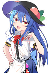 Rule 34 | 1girl, back bow, black hat, blue bow, blue hair, blue skirt, blush, bow, bowtie, breasts, buttons, collar, collared shirt, duplicate, e.o., food, fruit, hair between eyes, hand on own hip, hand up, hat, highres, hinanawi tenshi, leaf, long hair, looking at viewer, medium breasts, multicolored eyes, open mouth, peach, pixel-perfect duplicate, puffy short sleeves, puffy sleeves, red bow, red bowtie, red eyes, shirt, short hair, short sleeves, simple background, skirt, smile, solo, standing, tongue, touhou, white background, white shirt, yellow eyes