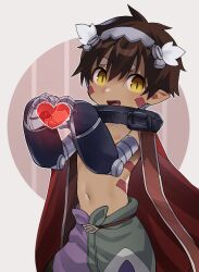 Rule 34 | 1boy, absurdres, brown hair, cape, commentary, commentary request, dark-skinned male, dark skin, facial mark, fang, hair between eyes, hairband, heart, highres, looking at viewer, made in abyss, male focus, mechanical arms, navel, open mouth, own hands together, red cape, regu (made in abyss), short hair, simple background, smile, solo, topless male, usuki (usukine1go), white background, yellow eyes
